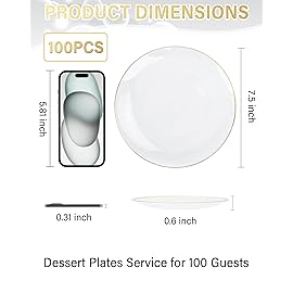 Nervure 100Pieces Clear and Gold Rim Plastic Plates - 7.5inch Disposabl Salad Dessert Plate - Clear and Gold Party Plates Ideal for Wedding & Party & Thanksgiving