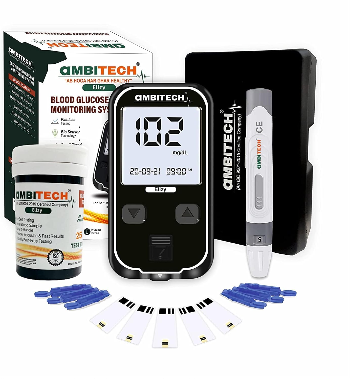 AmbiTech Elizy Blood Glucose Meter Kit with 25 strips and 25 lancets ( Made in India ) ( Life time warranty) Glucometer (Black)