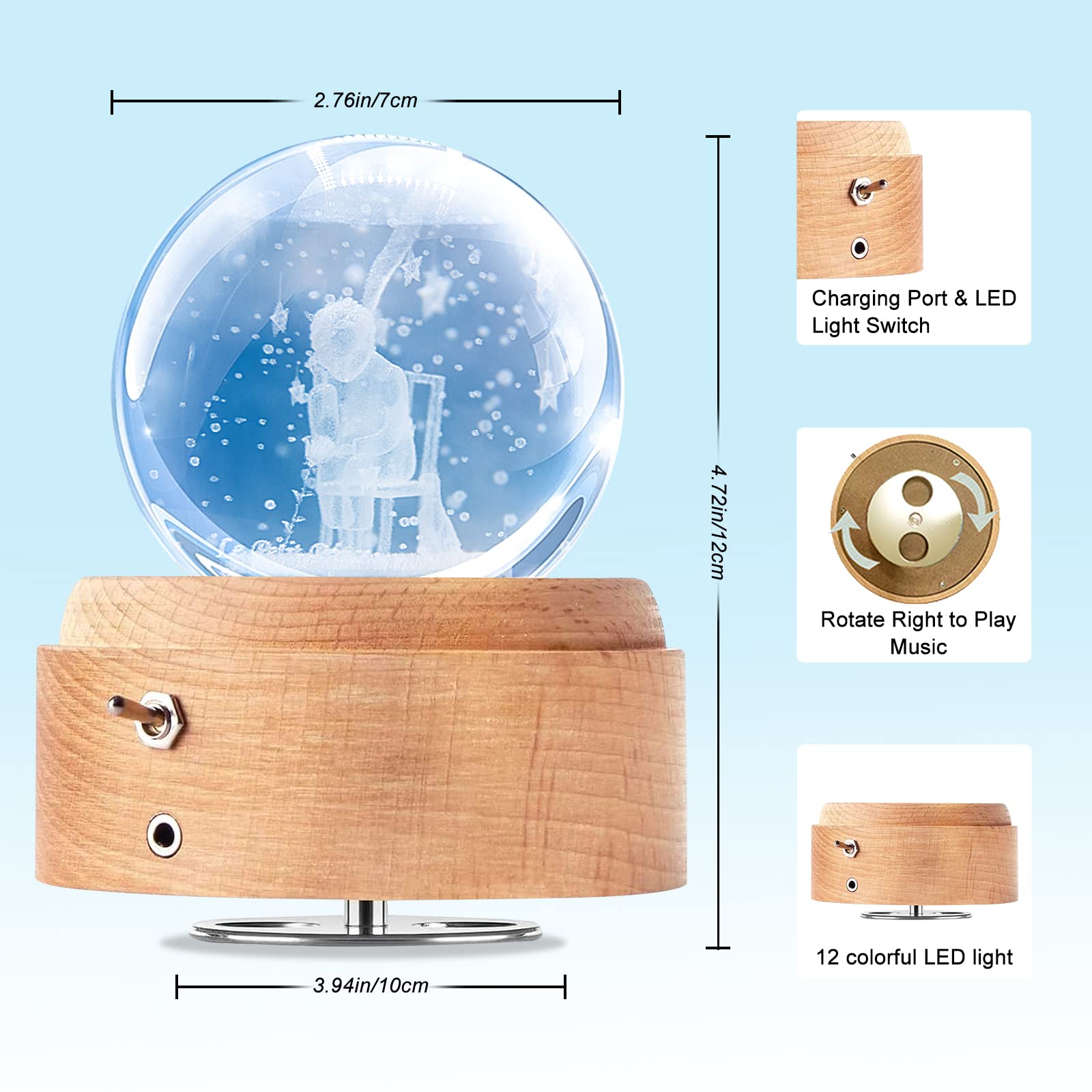Wooden Base Music Box 3D Crystal Ball Music Box With RGB Light ...
