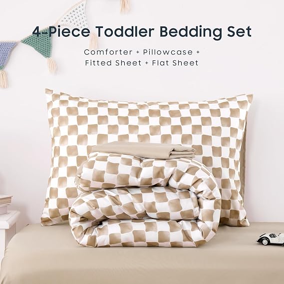 Wake In Cloud - Toddler Bedding Set for Boys Girls, Cute Gingham Grid Checkered, 4 Pieces Soft Crib Bed Set Including Comforter, Sheets and Pillowcase, Brown White