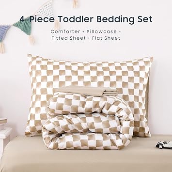 Wake In Cloud - Toddler Bedding Set for Boys Girls, Cute Gingham Grid Checkered, 4 Pieces Soft Crib Bed Set Including Comforter, Sheets and Pillowcase, Brown White