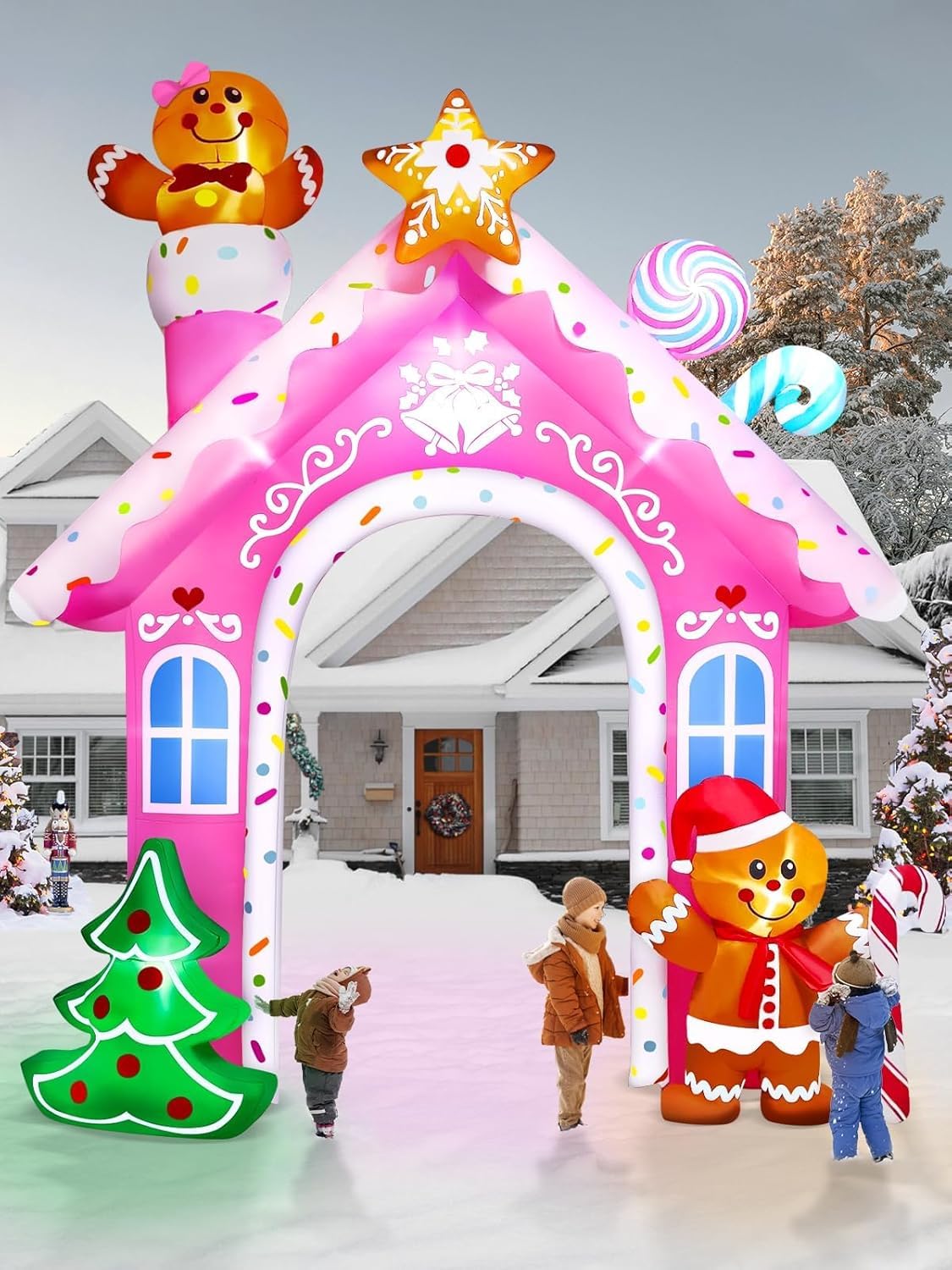 Kalolary Décoration Gonflable de Noël, D'épice Géante avec Lumières LED Intégrées pour Fête, Intérieur, Extérieur, Pelouse, Jardin (Arche en Pain d'épices)