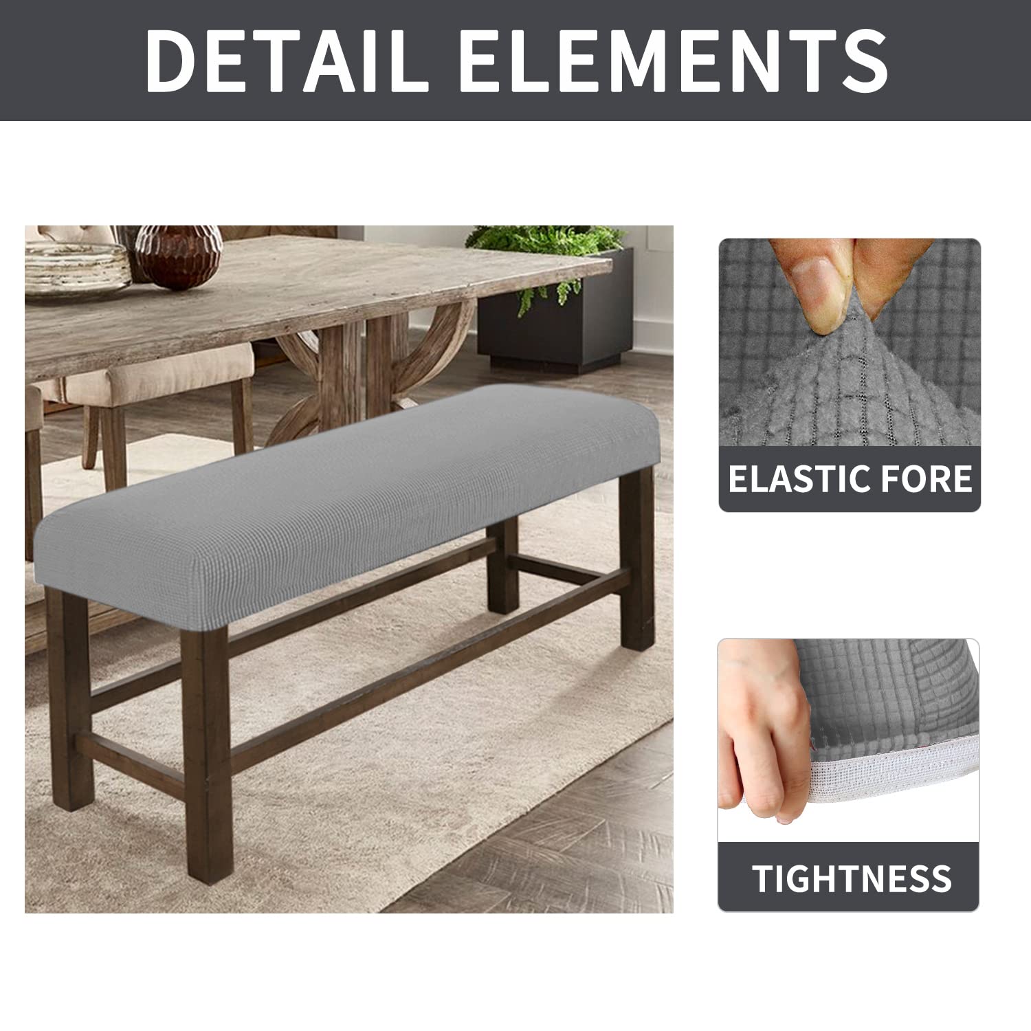 Rectangle Bench Covers, Removable Dining Chair Cover, Soft Fit Universal Stretch Bench Chair Slipcovers, Anti-Dust Washable Jacquard Seat Protector for Bedroom, Living Room, Kitchen(Checked Grey)