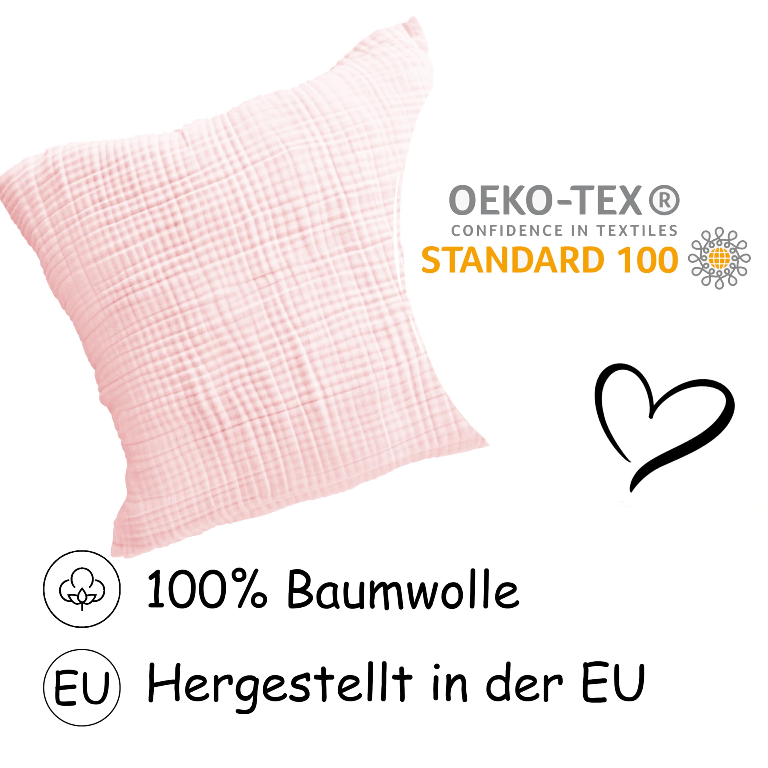 PinkZebra 50 x 60 cm Funda de almohada de muselina orgánica, con certificado ÖkoTex, de 100 % algodón orgánico, funda de cojín de muselina, funda con cremallera, fabricada en la UE, rosa bebé