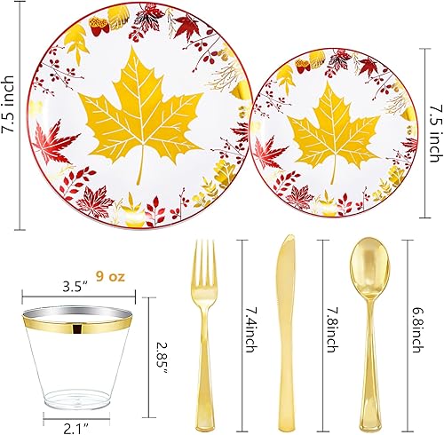 Miniatura 6 de KIRE 20 platos de plástico negro con borde dorado y cubiertos de plástico desechables dorados con mango negro, vasos dorados transparentes y