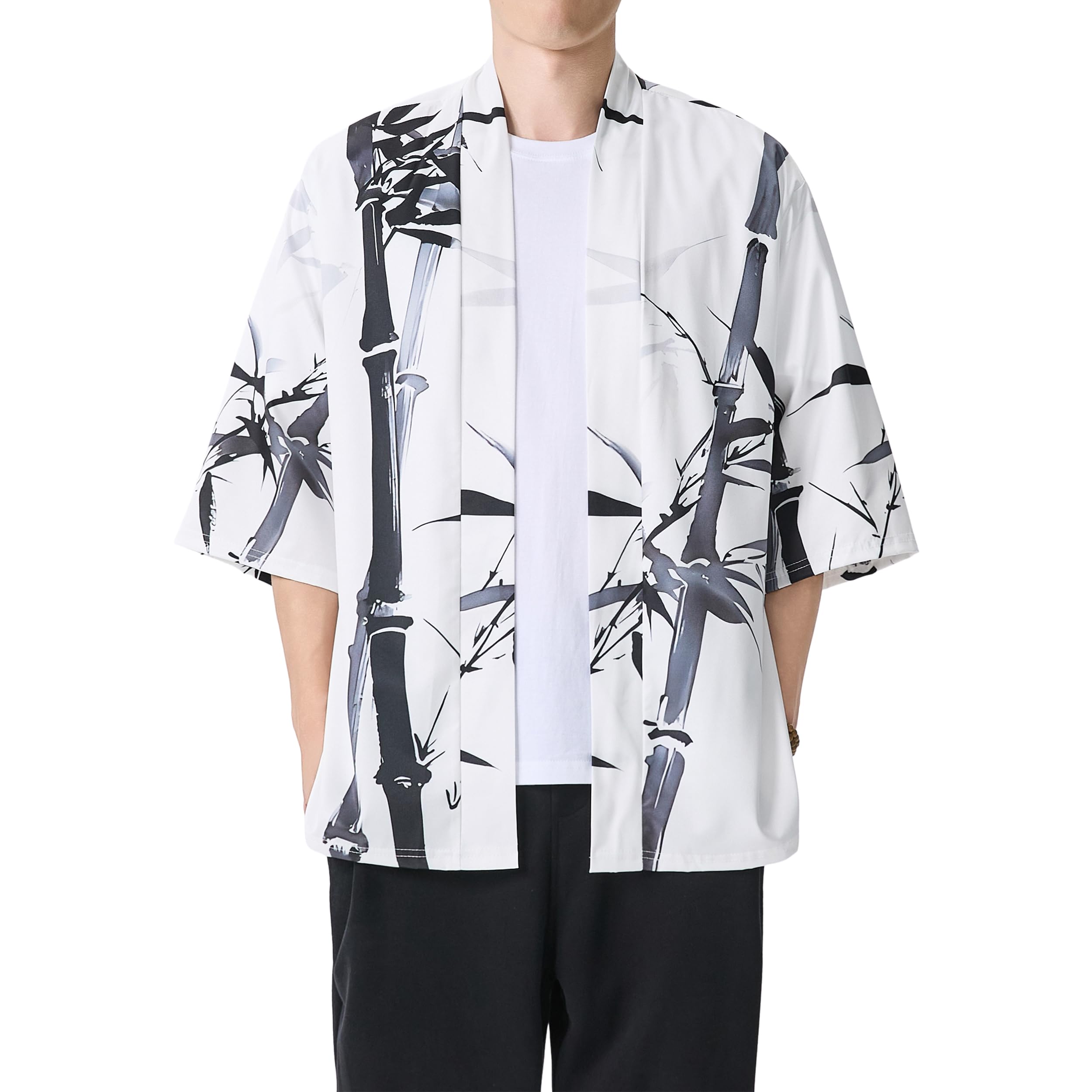 Men's Kimono Jacket Lightweight 3/4 Sleeve Kimono Cardigan Japanese Robe