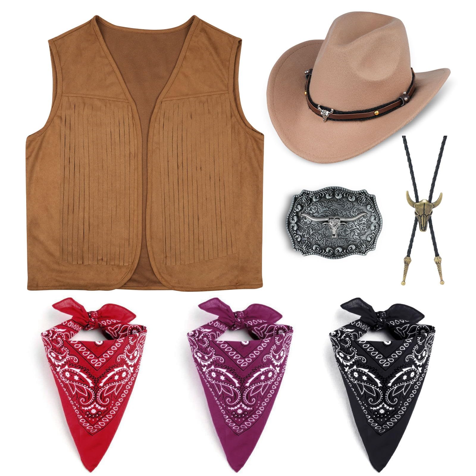 Cowboy Costume Men 7 Pcs,Cowboy Costume With Fringe Vest necklace Cowboy Hat Belt Buckle,Scarf,Suitable for Halloween cosplay
