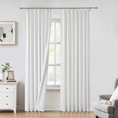 White Pinch Pleated Full Blackout Curtains Linen Texture Thermal Insulated Window Treatment Panel 84 Inch Long for Living Room Bedroom Noise Reducing Back Tab Drapes with Hooks, 2 Panel, 40"Wx84"L