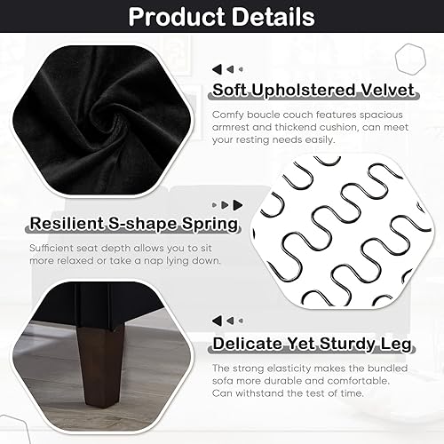 Miniatura 6 de Sofá pequeño negro de 74 pulgadas, cómodo sofá biplaza tapizado de terciopelo negro para la sala, sofás modernos de mediados de siglo, sofá biplaza