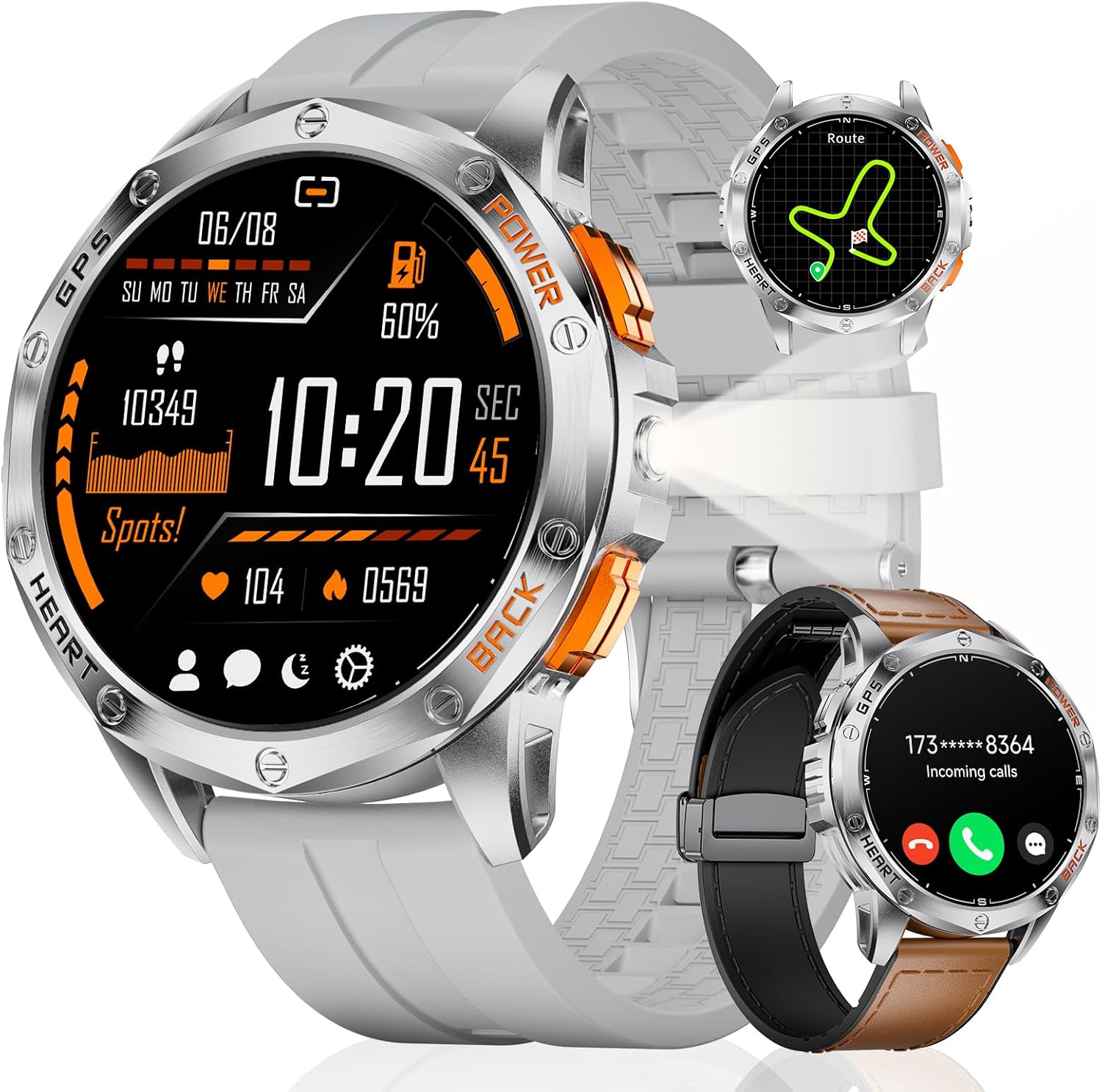 LIGE DM1 GPS Military Smart Watch for Men, 100+ Sports Modes Fitness Tracker, LED Flashlight/Compass/45 Days Battery/IP68 Waterproof 1.43'' AMOLED Always on Display Smartwatch for Android iOS, Sliver