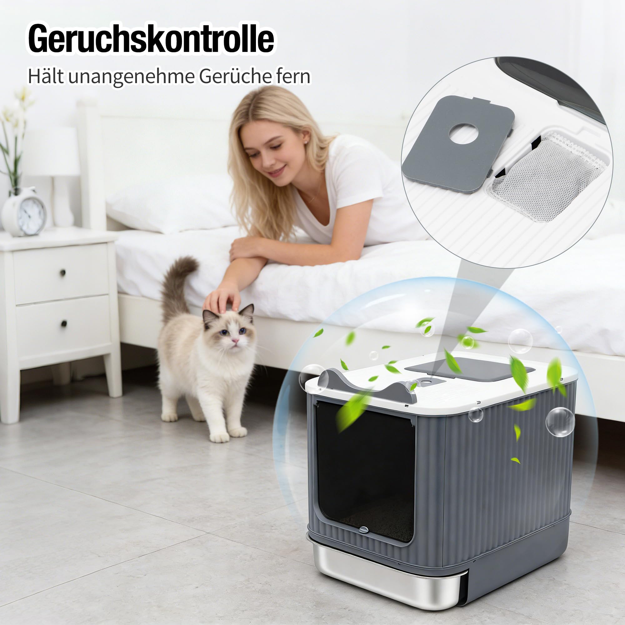 Geschlossenes Katzentoilette, Katzenklo Edelstahl mit Deckel, Katzenklo Matte und Katzenklo Schaufel, Metal Cat Litter Box für Katzen bis 5.4 kg