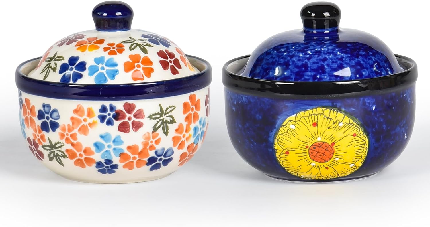 2Pk 12.85oz Ceramic Stew Pots, Hand Painted Flower Ramekins, Multi-Purpose Kitchen Sugar Bowls & Spice Jars for Nest, Soup, Dessert, Oven/Dishwasher Safe (Blooming Garden + Floral Shadow)
