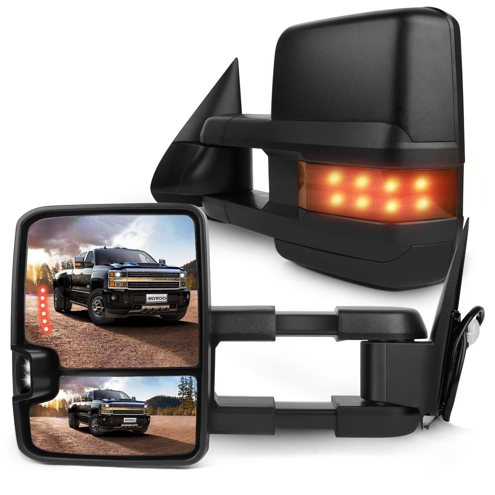 SCITOO Towing Mirrors fit 1988-1998 for Chevy for GMC C/K 1500 2500 3500 1992-1999 for Chevy for GMC C/K 1500 2500 Suburban Tahoe Yukon Black Cover Power LED Turn Signal Side Mirrors