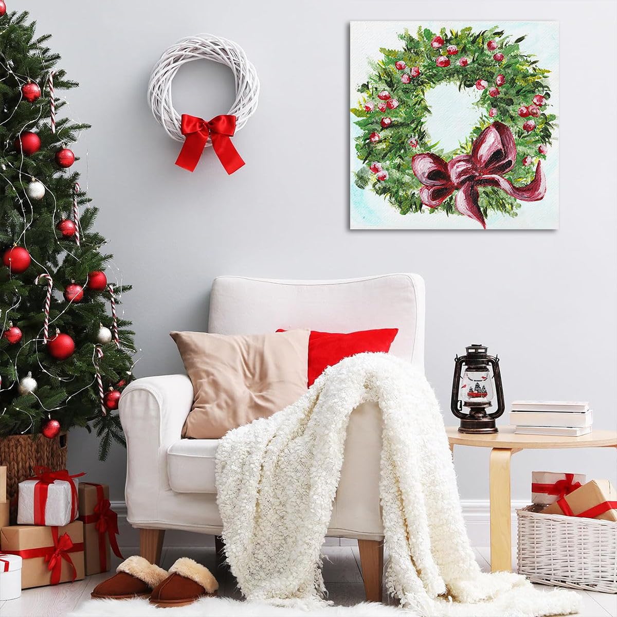 GUN SUPPLIES OUTLET LLC Holiday Wall Art Prints Green Christmas Wreath with Festive Red Bow Wreath Christmas Home Décor, Red, Green 16x16 inch