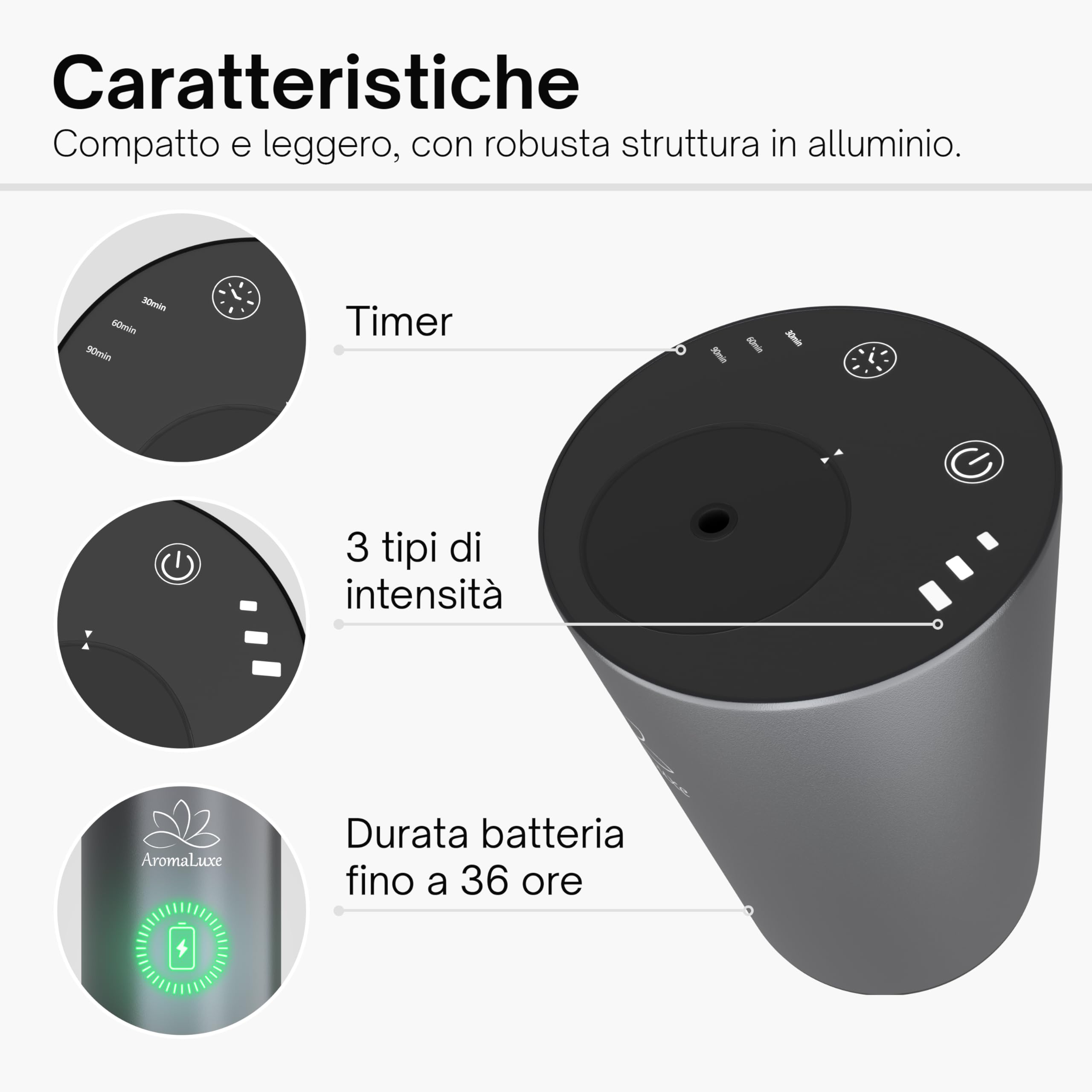 AromaLuxe - Diffusore Oli Essenziali Senza Fili a Batteria Ricaricabile USB-C, Senza Acqua, Ideale per Auto, Robusto in Alluminio, Intensità e Timer regolabile, Grigio