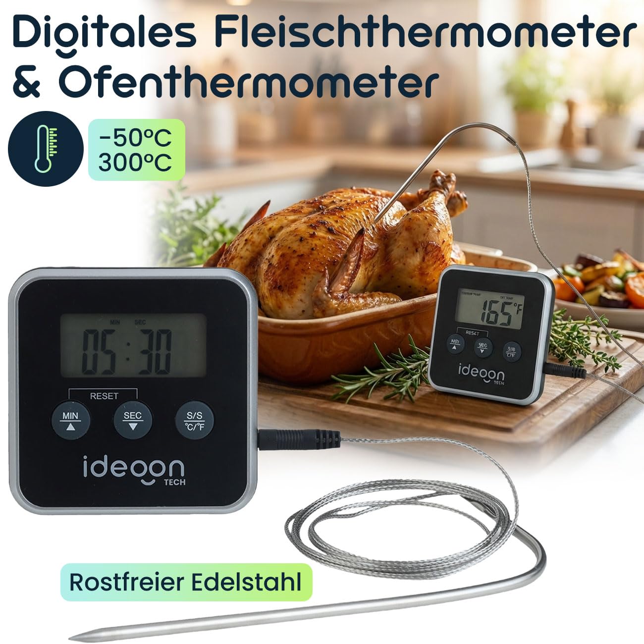 ideoon Digitales Fleischthermometer & Ofenthermometer mit Timer bis 300 Grad, Kabelgebundenes Braten- und Grillthermometer, für BBQ, Grill, Smoker, Backofen