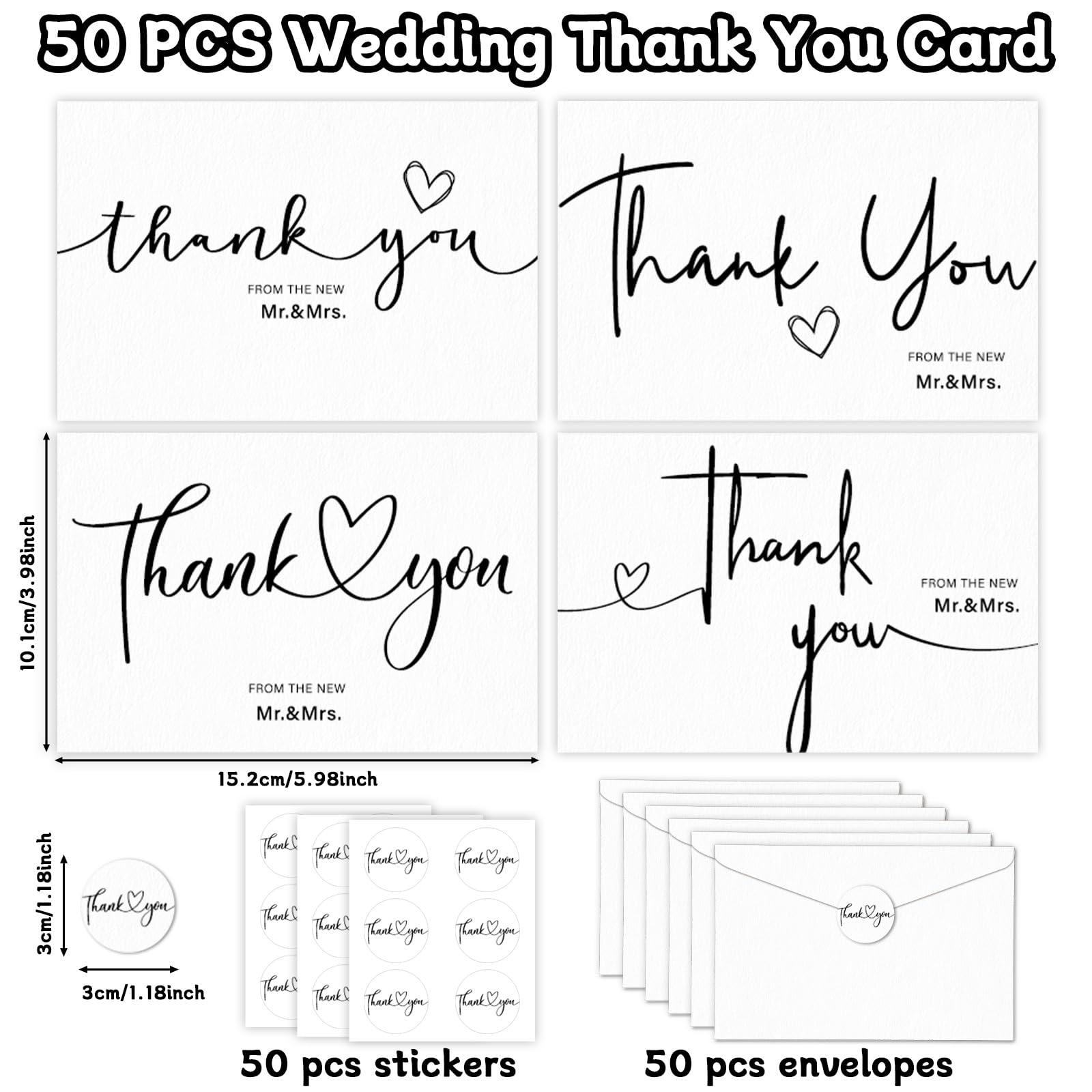 Justforjoyful 50sets Wedding Thank You Cards with Envelopes and Stickers 4 Designs Mr and Mrs Thank You Notes Bulk Wedding Gift Cards Thank You Cards for Guests Wedding Party Decor Supplies 6 X 4 Inch