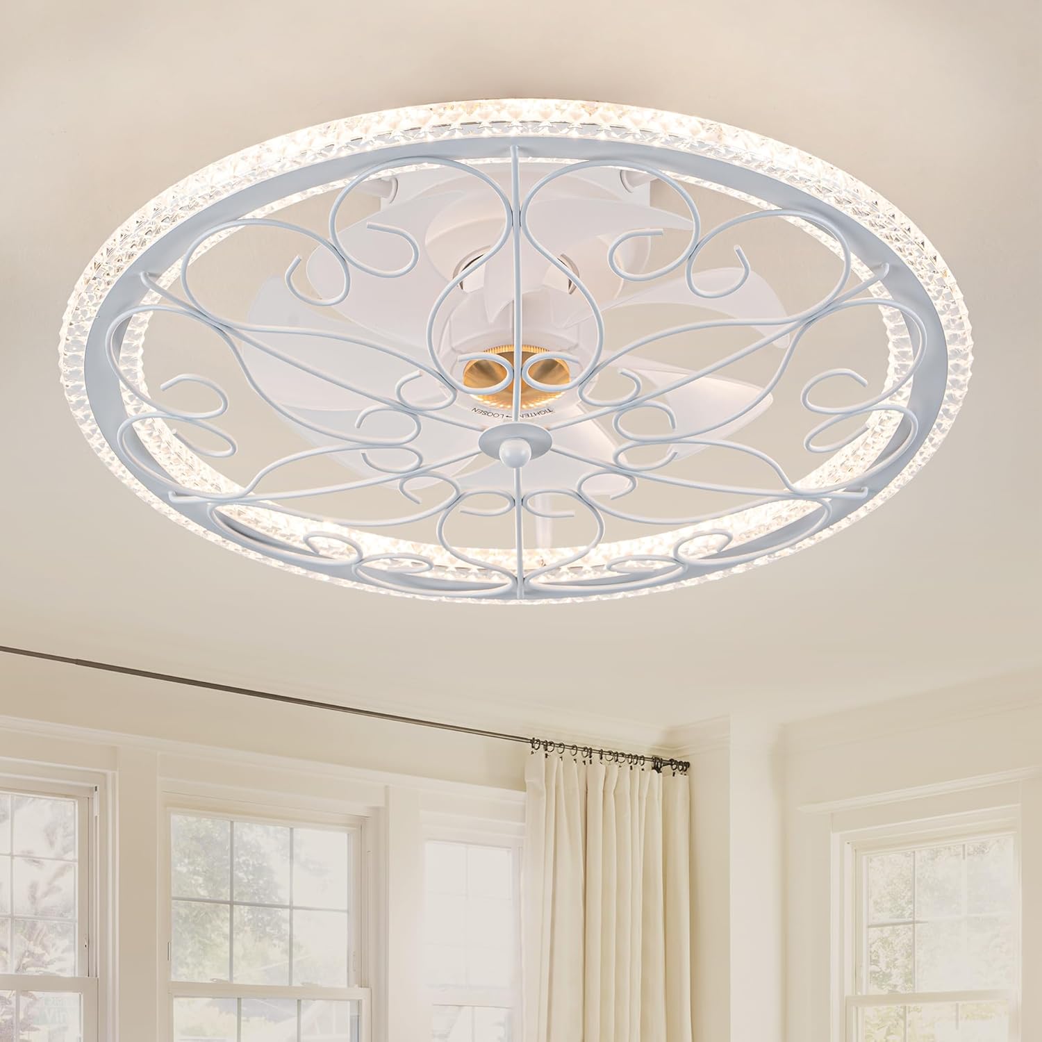 NORFOLK 20'' Ceiling Fans with Lights and Remote, Low Profile and Flush Mount Modern Lighting Fan, Bladeless Caged Fandelier, 6 Speeds and 3 Colors LED Light White 20 Inch