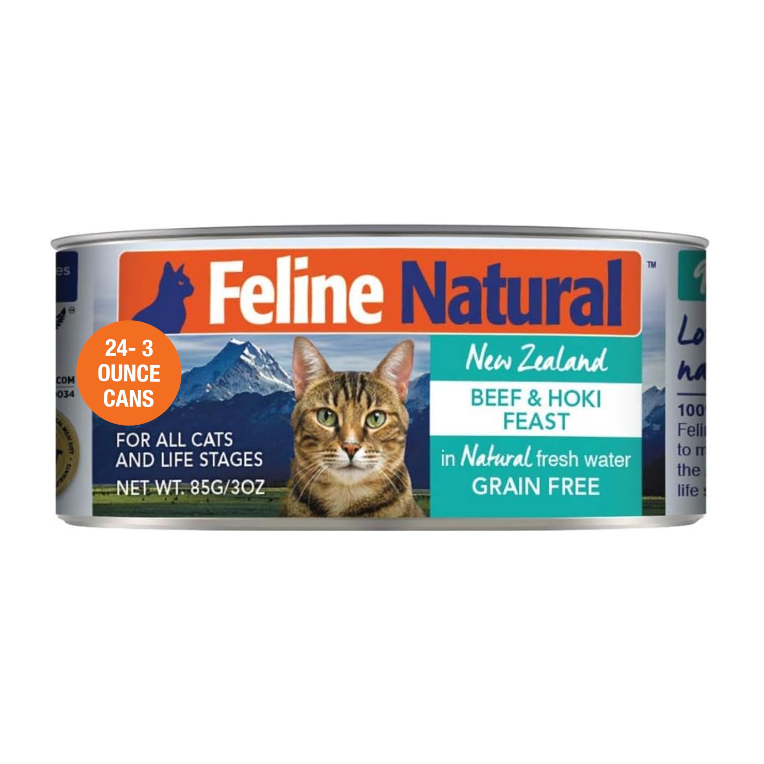 Feline Natural New Zealand Canned Catfood Wet Food, High-Meat, Low-Carb, & Grain Free Cat Food Wet, Beef & Hoki Feast, 3 oz, Pack of 24