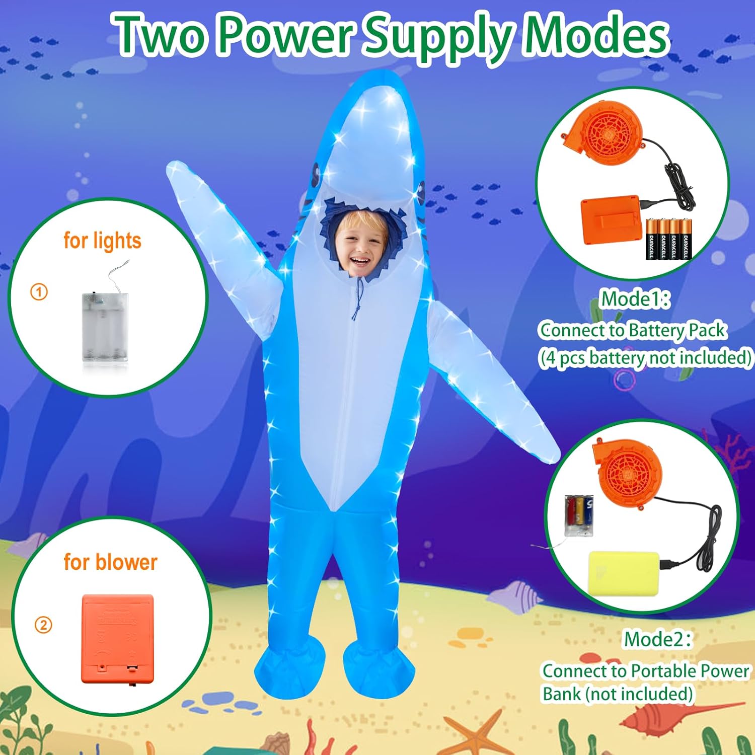 anroog Inflatable Shark Costume Kids with LED Lights Halloween Blow Up Lighted Shark Costumes for Boys Girls Party Cosplay