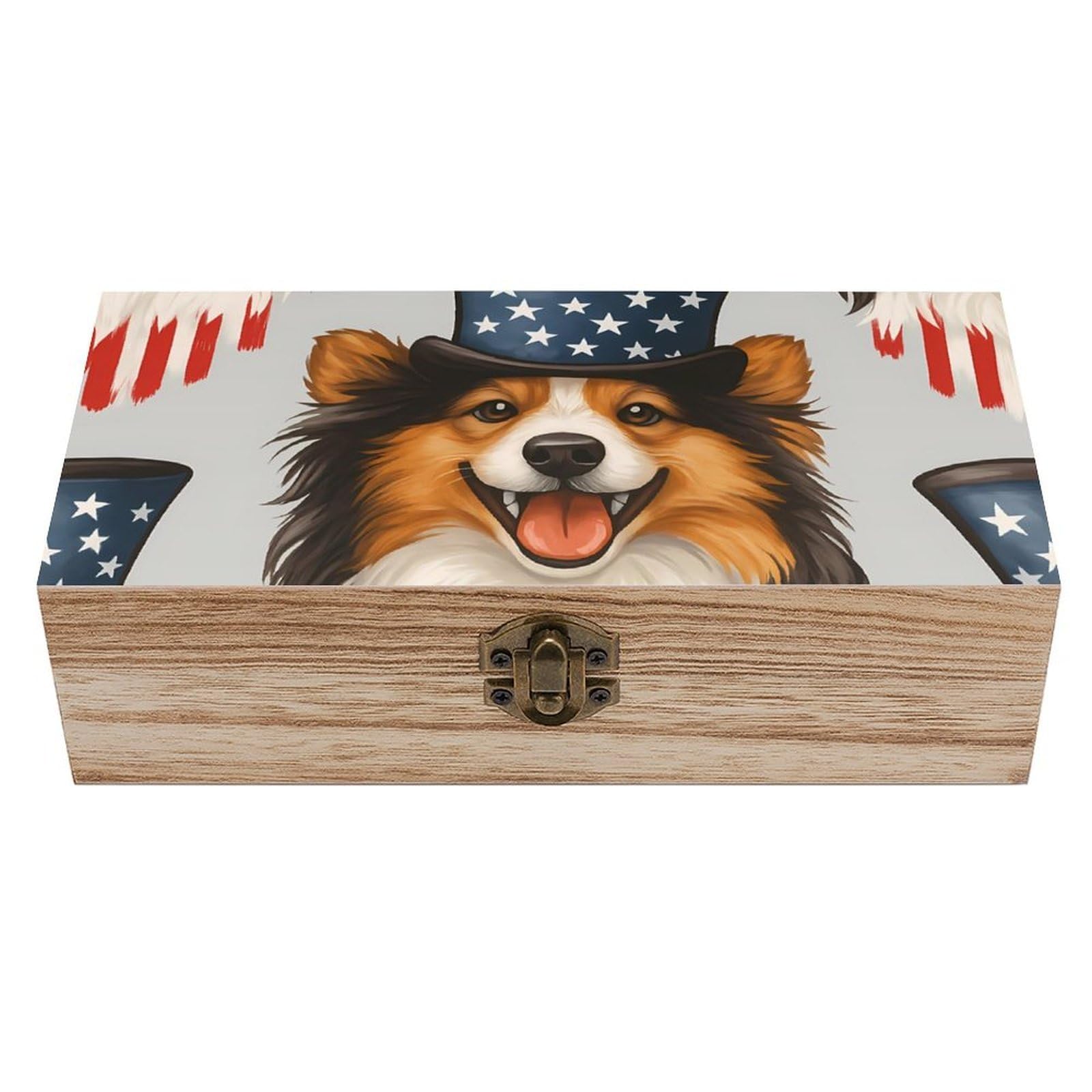 HLBSDM Cheerful Australian Shepherd with The United States Hat Retro Wooden Storage Box Jewelry Art Gift Boxs Decorative Keepsake Boxes