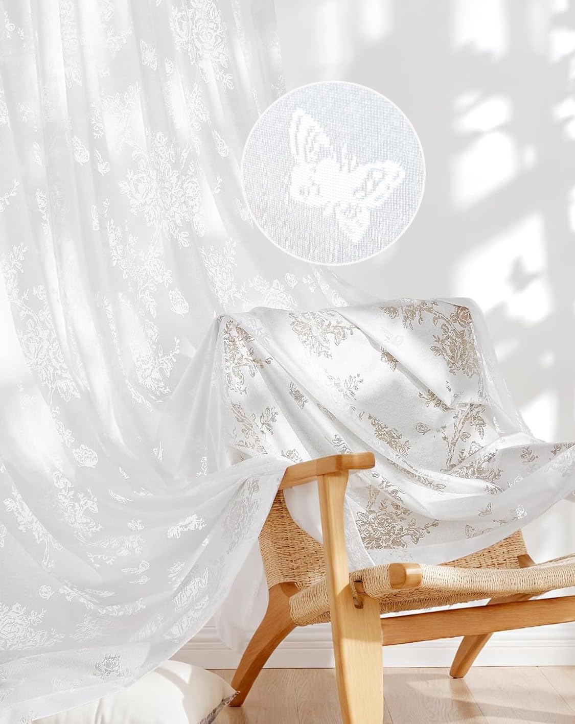 Photo 1 of PONY DANCE White Butterfly Lace Sheer Curtains 84 Inches Long for Bedroom, Elegant Semi Gauze Floral Drapes with Sheer Overlay for Living Room/Girls Room/Kids Room/Nursery, 2 Panels Set, 55?W x 84?L