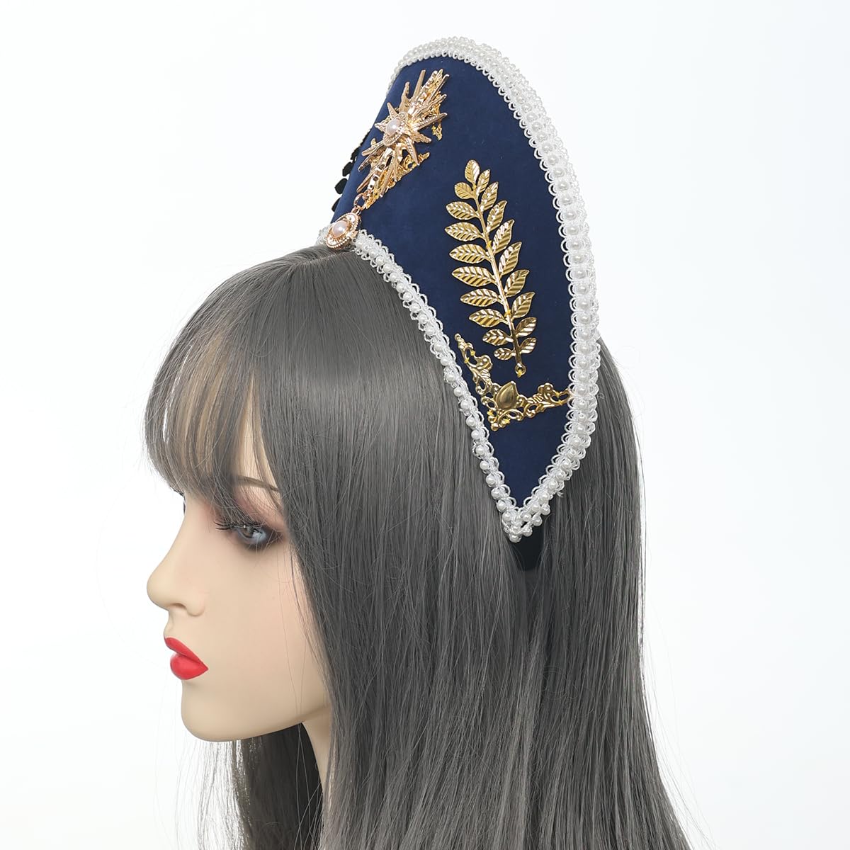 GRACEART Anne Boleyn Hat Headpiece Elizabethan Headwear Tudor Coronet Hood Hat Style-4(dark blue) - Image 4