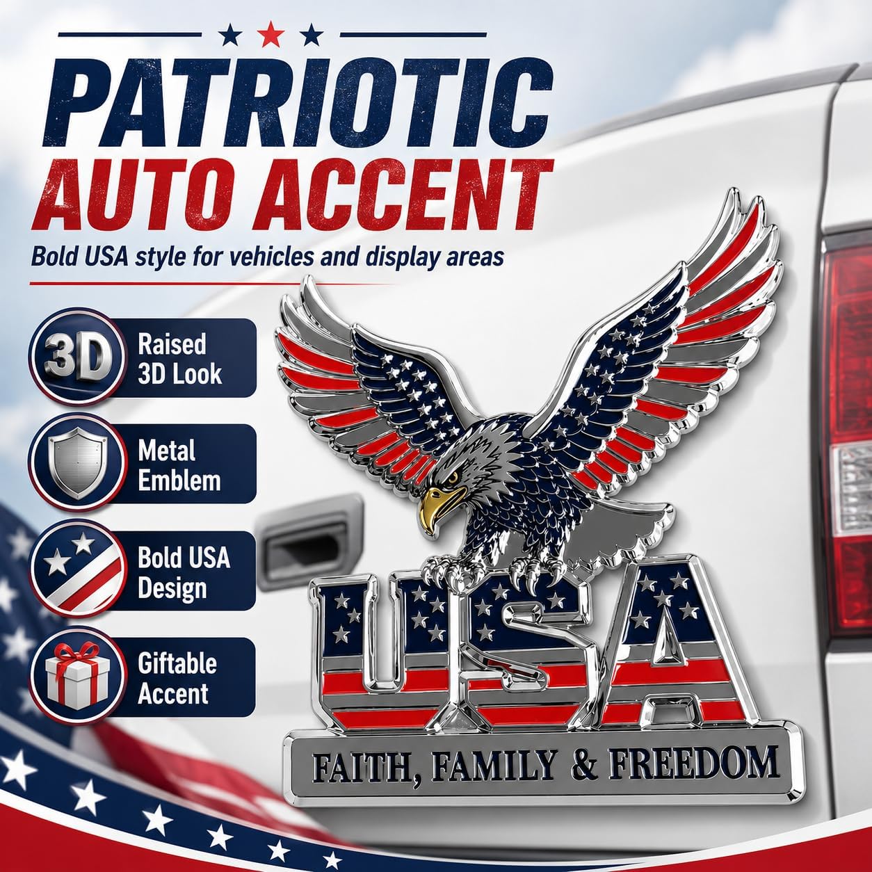 USA Eagle Metal Car Emblem, Patriotic 3D Auto Badge with American Flag Style, Faith Family Freedom Decal for Truck SUV RV Tailgate, 1 Pack image 2