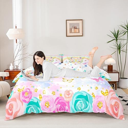 Miniatura 7 de Juego de ropa de cama de flores coloridas para niñas, funda de edredón mágica para adolescentes, funda de edredón de mariposa dorada para niños,