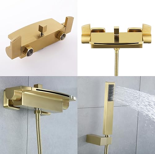 Miniatura 2 de Grifo de bañera en cascada de montaje en pared con ducha de mano, relleno de bañera de oro cepillado de 2 asas, grifo de pared de latón con