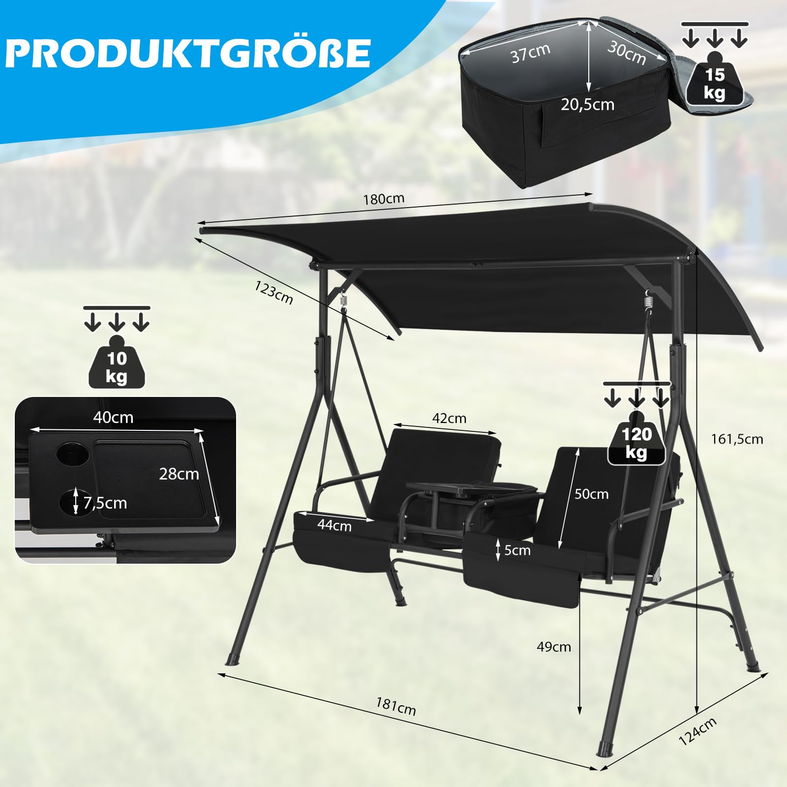 COSTWAY Hollywoodschaukel mit Kühltasche, drehbarem Tablett und abnehmbaren Kissen, 2-Sitzer Gartenschaukel mit verstellbarem Dach, Schaukelbank für Garten, Terrasse & Hinterhof, 181 x 124 x 161,5 cm