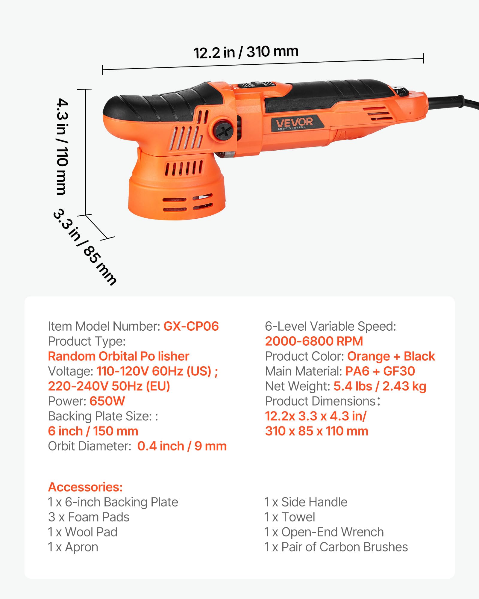 VEVOR Lucidatrice Orbitale Casuale per Auto 650 W, Lucidatrice a Doppia Azione da 150 mm, con 6 velocità Variabili da 2000 a 6800 Giri/Min, Kit per Ceratura, Lucidatura e Rimozione Graffi, Multiuso
