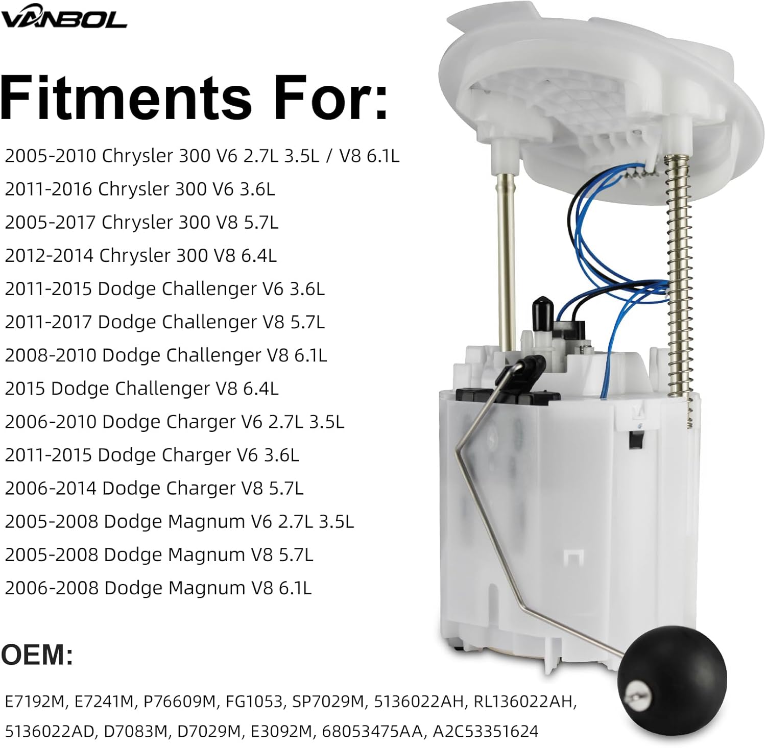 Electric Fuel Pump Module Assembly Compatible with 2005-2015 Chrysler 300 2008-2017 Dodge Challenger 2006-2017 Dodge Charger 2005-2008 Magnum V6 V8 2.7L 3.5L 3.6L 5.7L 6.1L 6.4L Replace E7192M