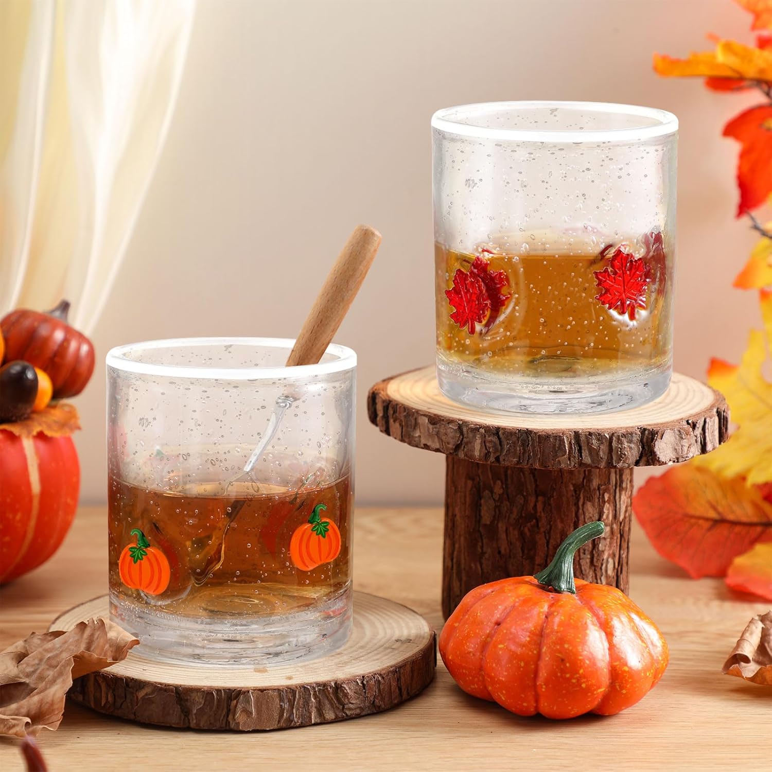 Mimorou 2 Pcs Thanksgiving Fall Icon Juice Glass 14 Ounce Pumpkin Maple Leaf Themed Drinking Cocktails Glasses for Party, Autumn Cute Double Old Fashioned Reusable Cups for Home Bar Decor Gifts - Image 5