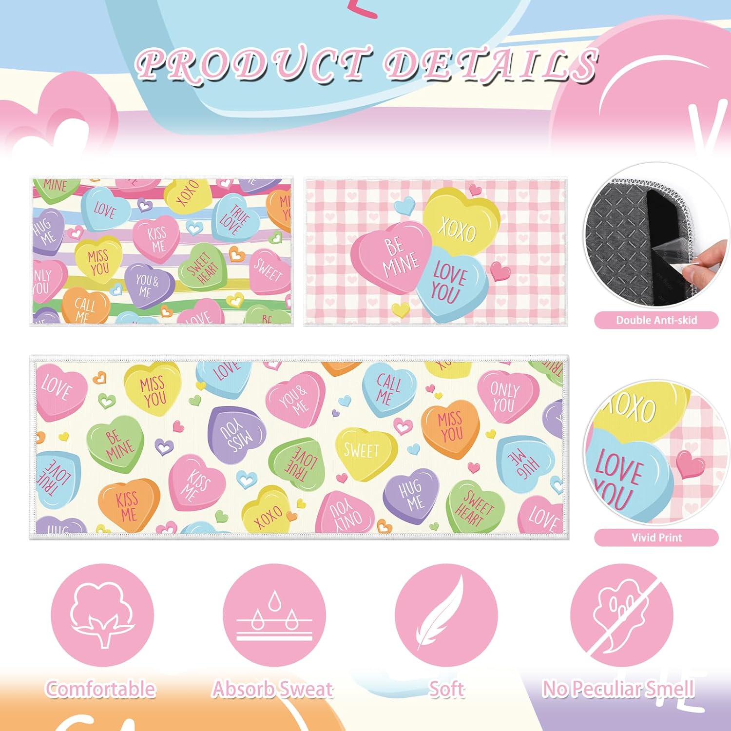 Valentines Day Kitchen Mats - Conversation Heart Themed Valentines Kitchen Rugs for Floor 3 Piece, Non-Slip Home Bedroom Washable Sweet Love Heart Decor（16x28 and 16x47 Inch）