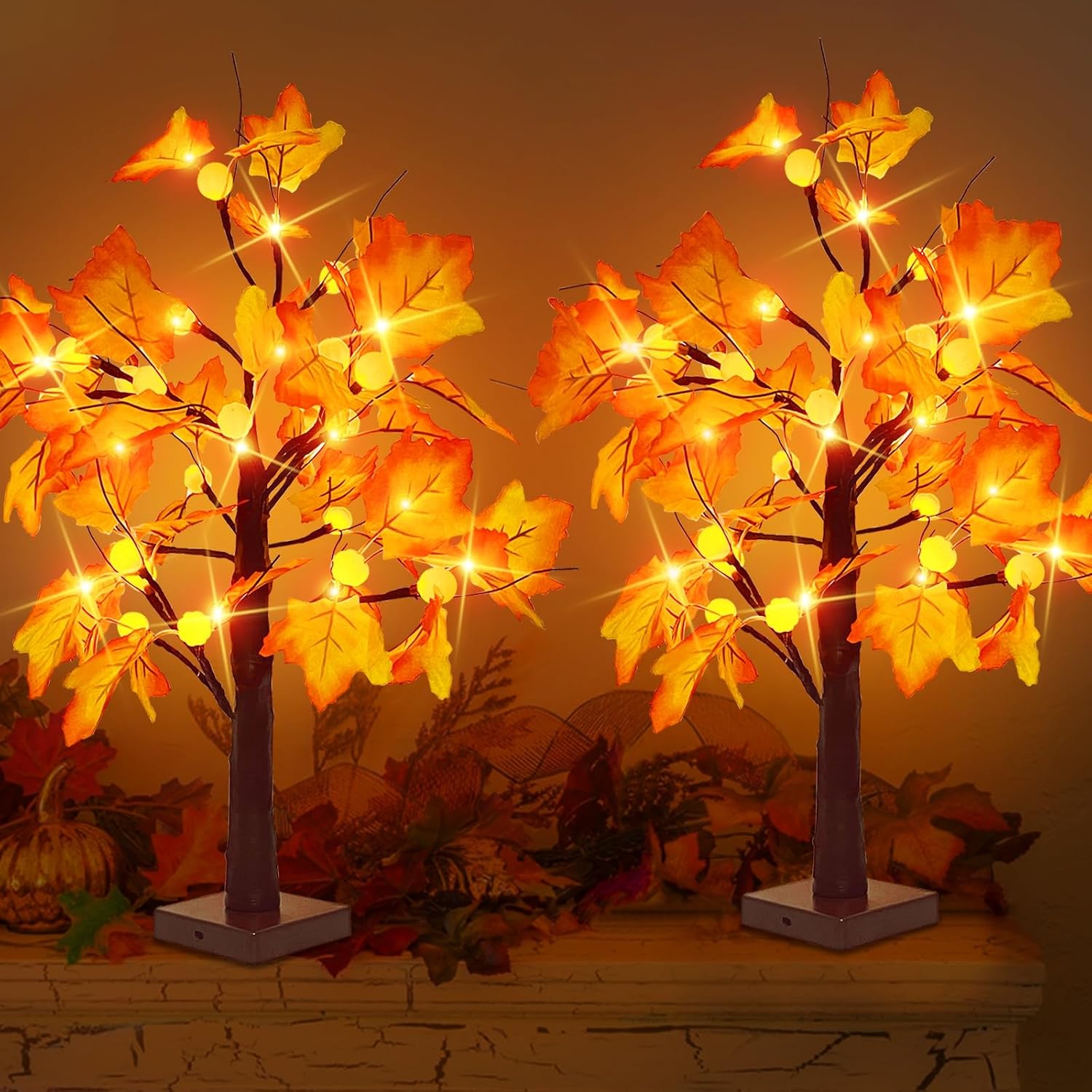 [ 2 Pack & Timer ] 22 Inch Lighted Maple Fall Tree Decor with 48 LEDs Orange Lights Battery Operated Tabletop Acorn Fall Pumpkin Maple Tree for Thanksgiving Autumn Harvest Home Indoor Halloween Decor