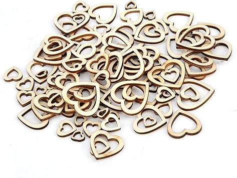 HEEPDD 200Pcs Hollow Heart Shape Wood Craft, Unfinished Wooden Heart Cutout