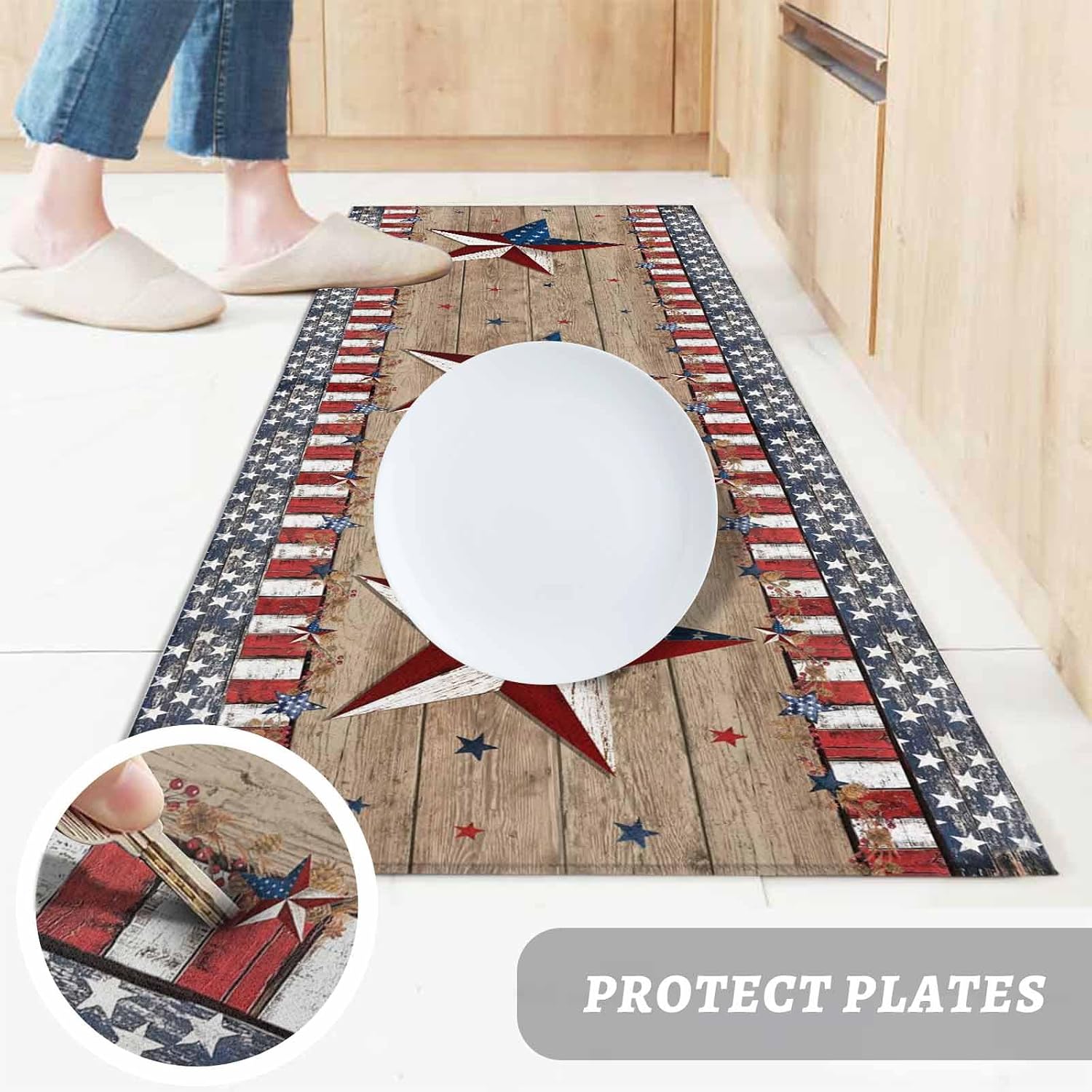 Teamery Kitchen Mats for Floor American Star Stripe USA Flag Washable Non Slip Kitchen Rugs 1PCS, Independence Day Wood Board Absorbent Standing Mats for Sink Bathroom Office Living Room 15.7x47.2in