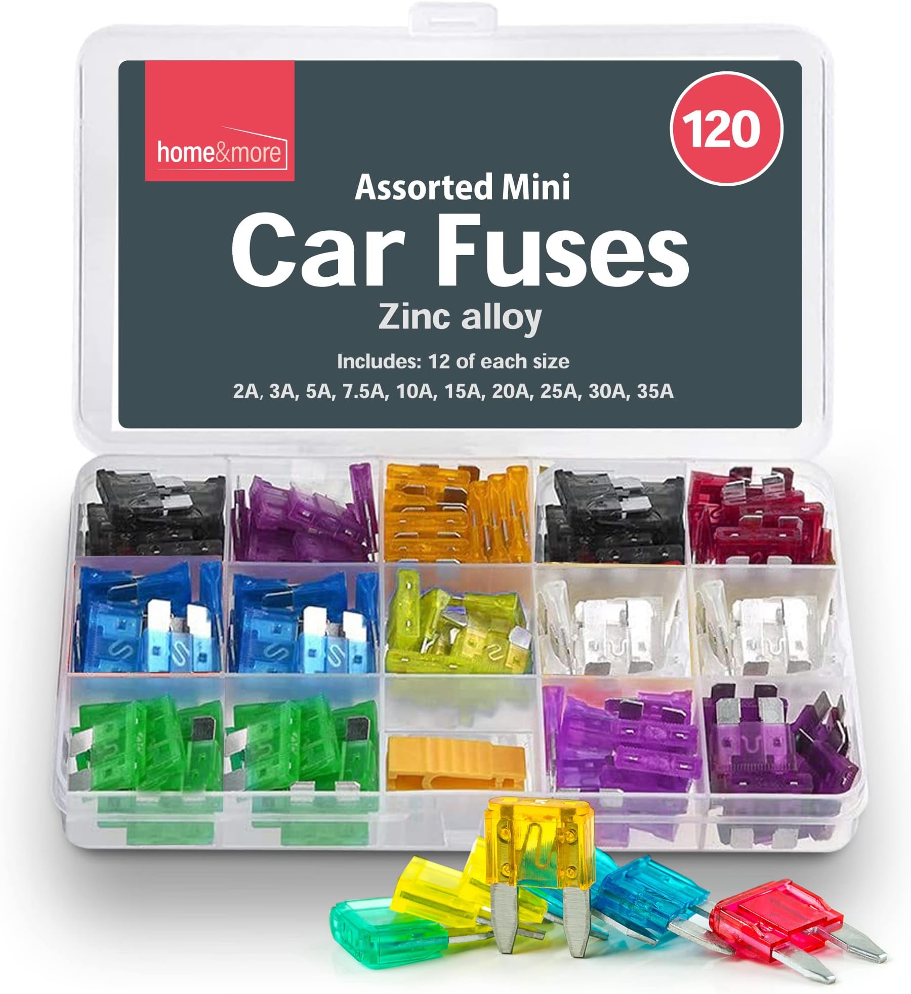 SOL 120pk Assorted Mini Car Fuses, Zinc Alloy Kit with 12 of Each 2A 3A 5A 7.5 A 10 A 15 A 20 A 25A 30A 35A Amp Blade Set with Fuse Extractor and Storage Box, Long-Lasting UK Automotive Replacement