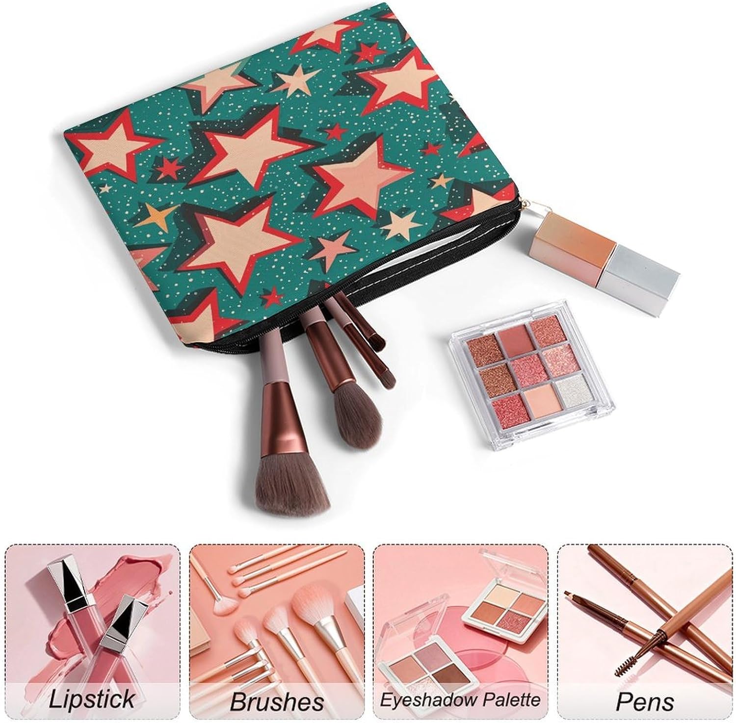 Atomic Stars Retro Pattern Print Aesthetic Makeup Bag Cosmetic Bag image 3