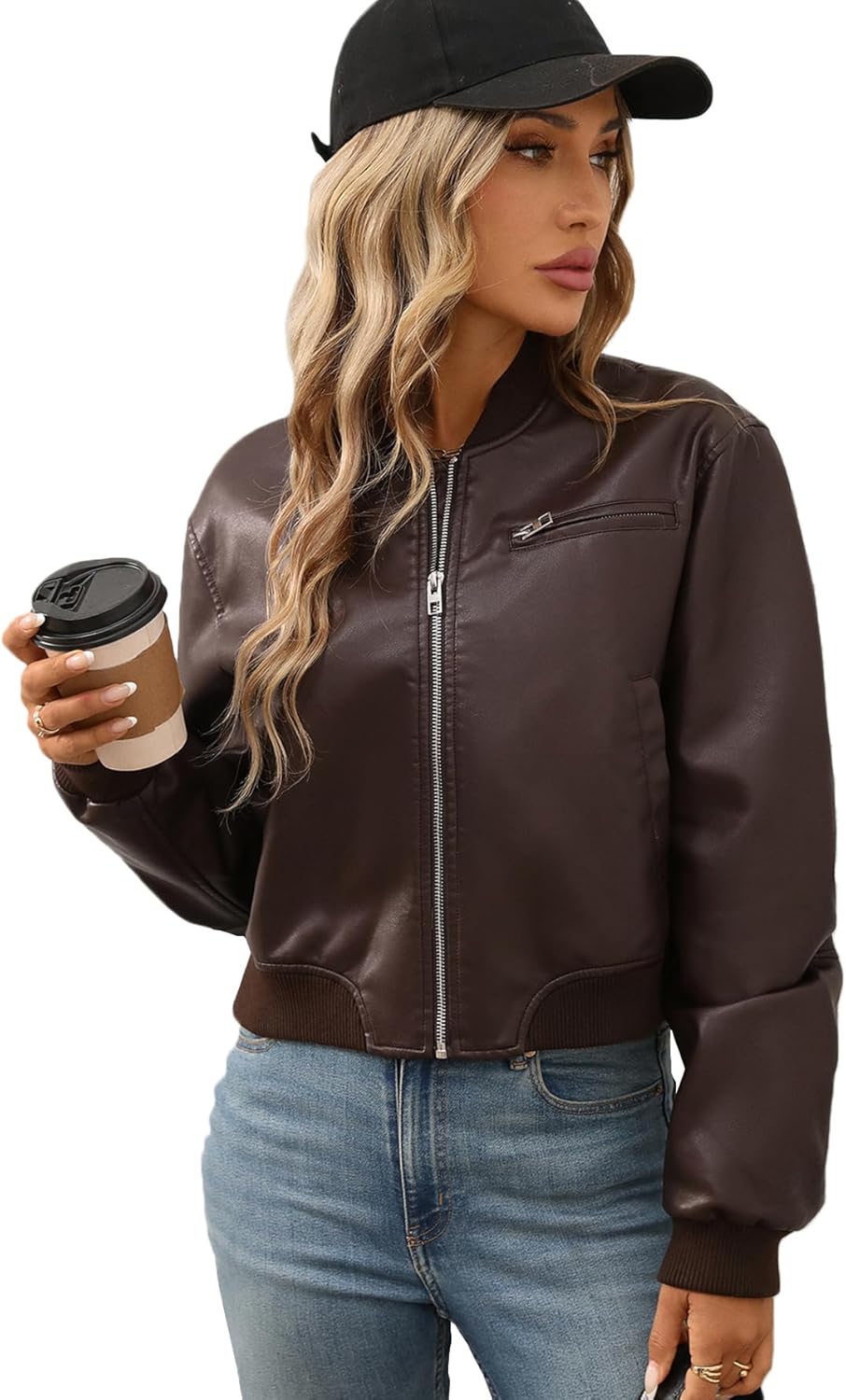 LY VAREY LIN Womens Faux Leather Varsity Jacket Bomber Baseball Collar Streetwear Casual Coat