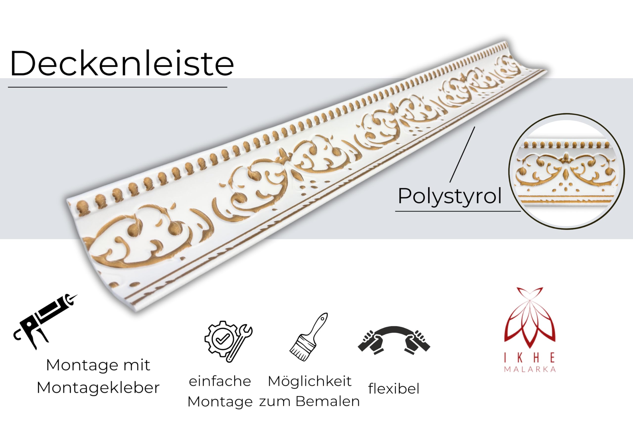 Molduras de estuco de poliestireno XPS – Molduras de techo blancas de 1 m – Listones para estuco de techo y decoración de pared – Molduras decorativas ligeras de poliestireno puro suave (V01-08 – Oro