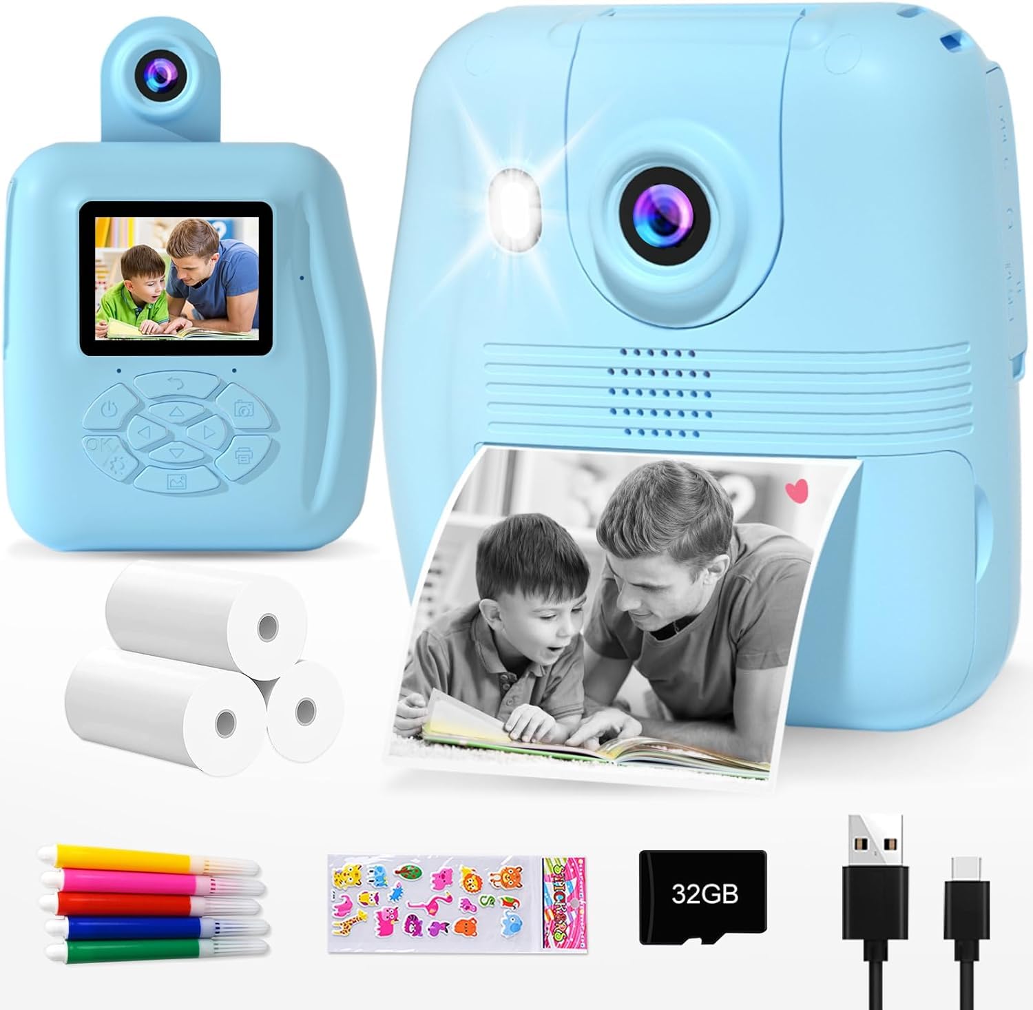 GKTZ Kids Camera Instant Print - 1080P HD Instant Print Photo - Christmas Birthday Gifts for Age 3-8 Girls Boys - Portable Toy with 3 Rolls Photo Paper, 5 Color Pens, 32GB Card (Blue)