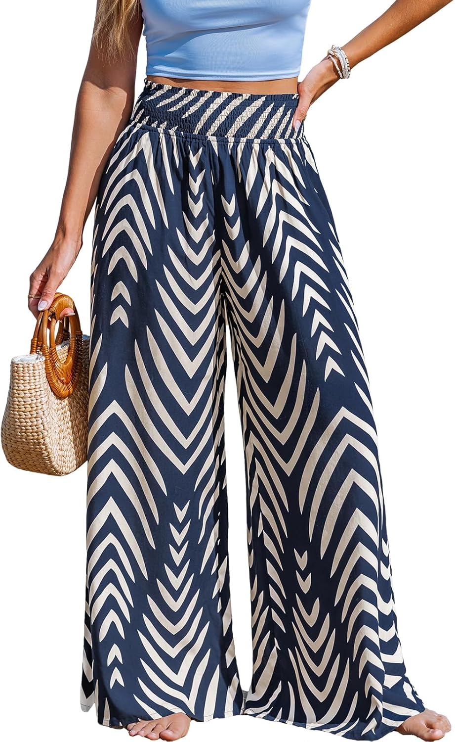 CUPSHE Womens Wide Leg Pants Elastic High Waisted Beach Trousers Summer Palazzo Pant