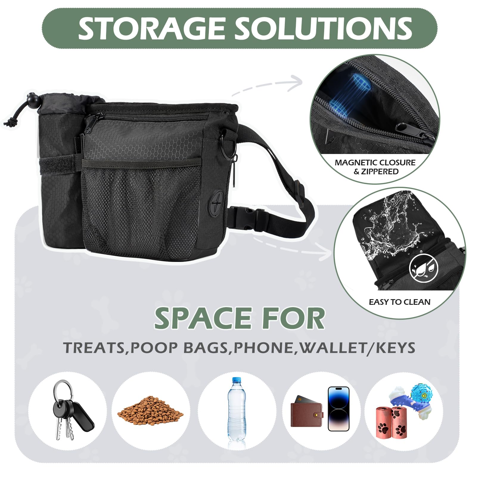 Dog Treat Training Pouch with Magnetic Zipper Closure - Built-in Poop Bag Dispenser, Side Pocket for Dog Water Bottle, 3 Ways to Wear,Carry Kibble & Pet Toys (Black) - image 5