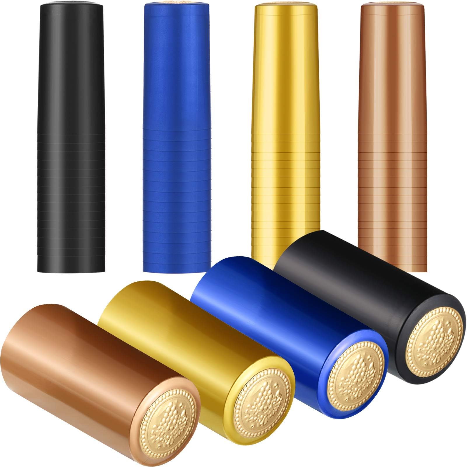 Blulu 200 Pcs Wine Sealer for Bottles PVC Heat Shrink Capsules Bottle Caps for Wine Making Cellars and Home Use (Black,Navy Blue,Gold,Rose Gold)