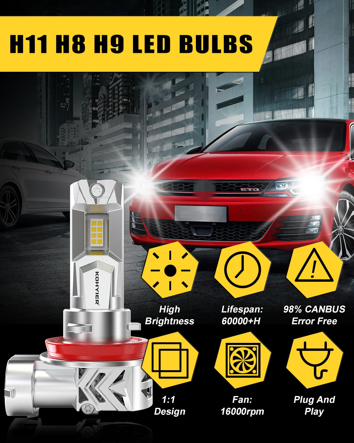 Żarówka LED H11 100W 40000LM, 800% Jaśniejsza Światło Białe 6000K, Miniaturowa Żarówka Przednia H11 H9 H8 LED W Skali 1:1, System Plug And Play, Opakowanie 2 Sztuki