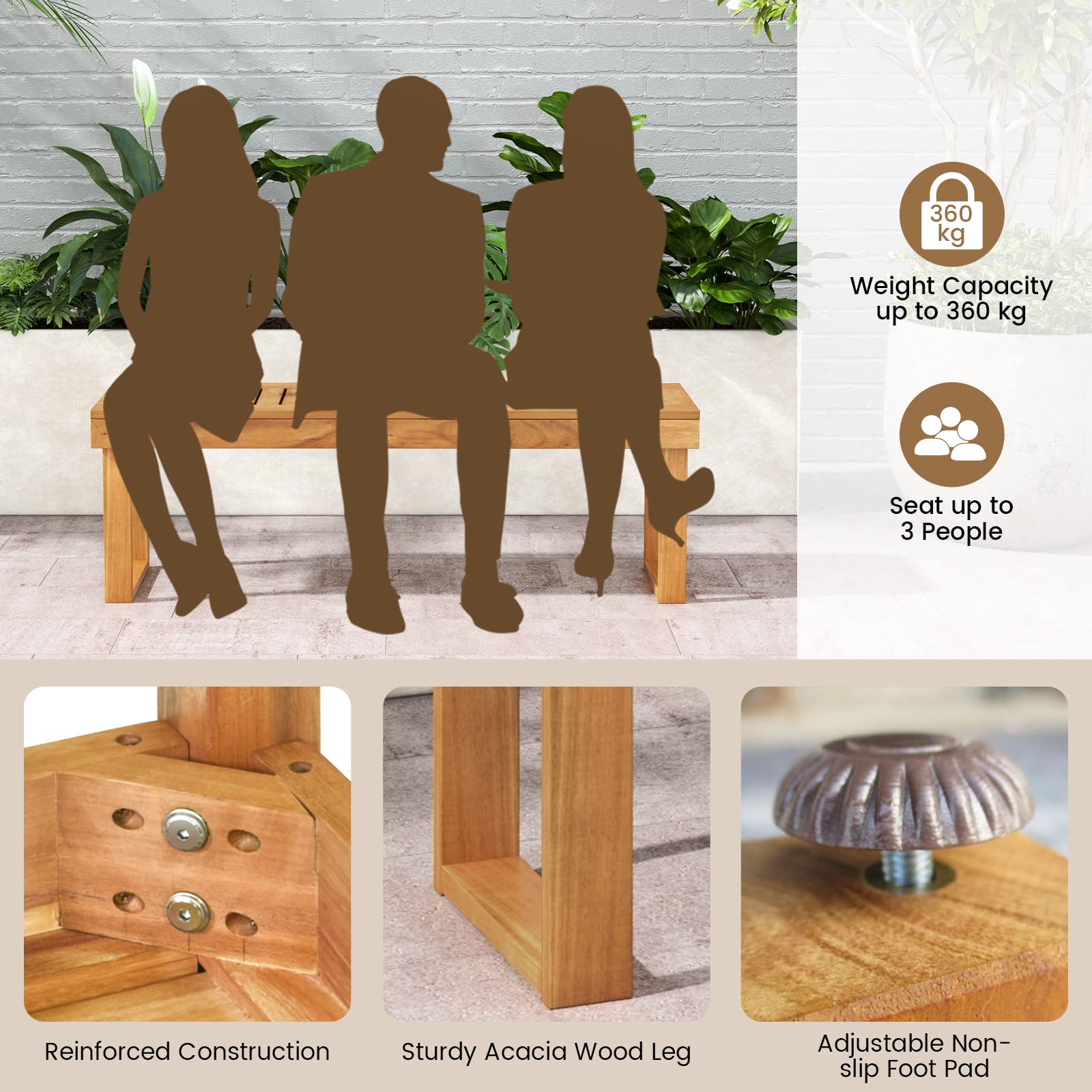 Giantex Banco de Jardín de 3 Plazas, 132 x 34 x 43,5 cm, Banco de Madera Maciza, Carga de 360 kg, Banco de Madera para Parque, Terraza, Balcón (U piernas)