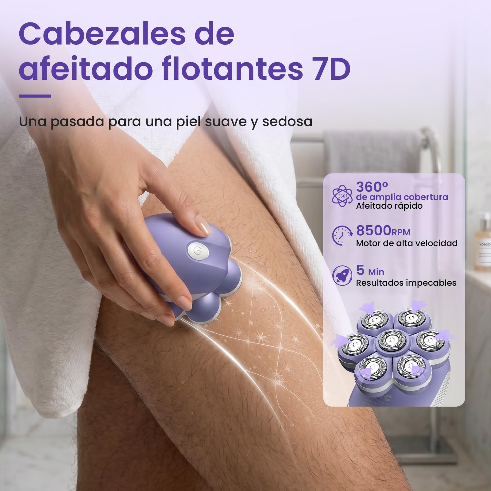 VIKICON Afeitadora Electrica Mujer 7D, Rasuradora Mujer Recargable USB | Afeitadora Corporal para Piernas y Cuerpo, Cabezal Flotante, Seco/Mojado, Luz LED, Compacta para Viaje, Morado