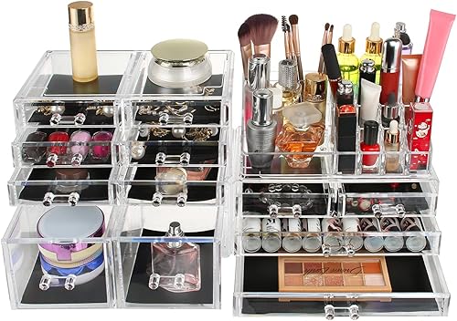 Miniatura 8 de display4top Organizadores de maquillaje acrílico, 4 vitrinas de cosméticos con 12 cajones para lápiz labial y joyas, gran tocador, tocador,